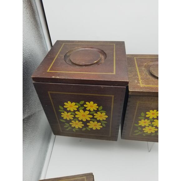 Imperial Hand Carved HardWood Canisters Yellow Flowers Japan Vintage Set nesting - Picture 9 of 16